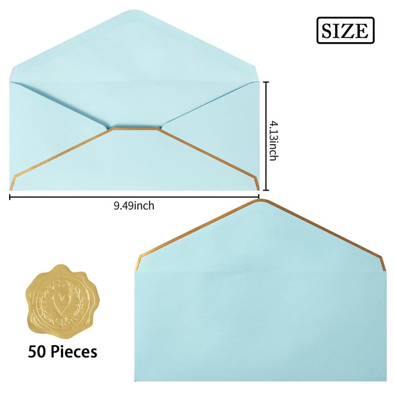 Topeen 50 Pack #10 Business Envelopes with Gold Border, Self Seal Standard Envelopes with Gold Stickers for Office, Checks, Letter Mailing, Invoices, 4 1/8 x 9 1/2 Inches (Light Blue) - Image 2